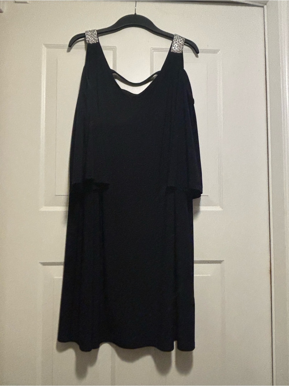 Navy Cold-Shoulder Dress with Embellished Straps